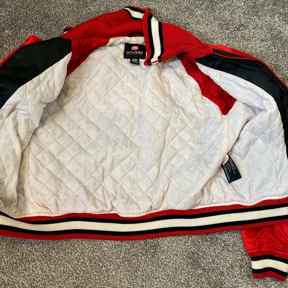 EckoRed Embroidered Satin Knitted Zip Up Bomber Jacket - Picture 11 of 15